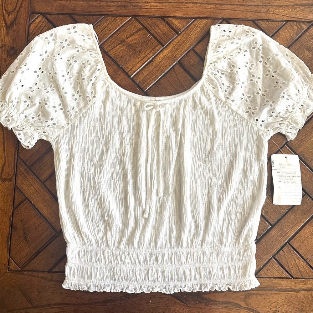 Caution To The Wind SAMPLE S Eyelet Puff Sleeve Crinkle Knit Gauze Smocked Top